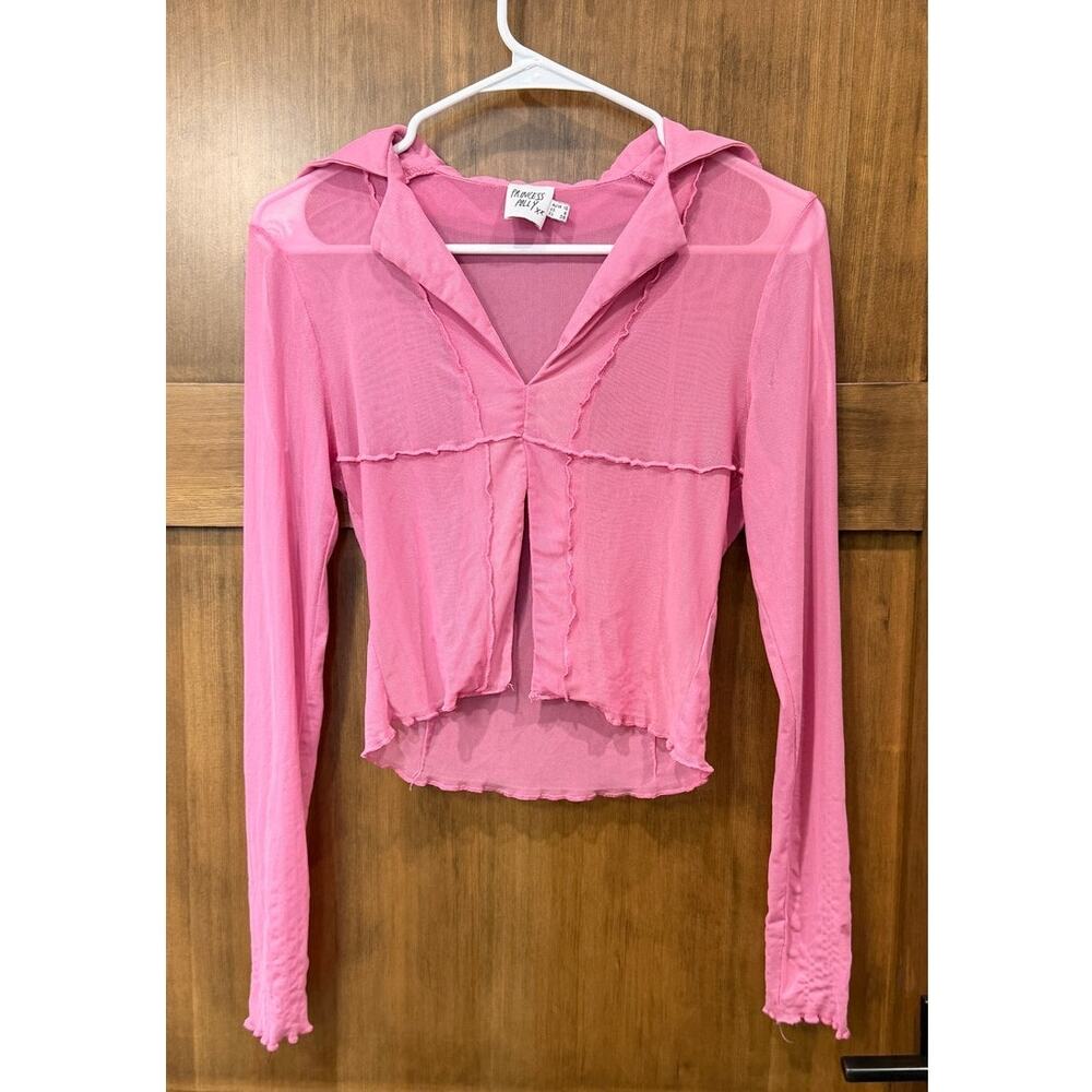 Princess Polly Pink Sheer Mesh Exposed Seam Lettuce Trim Collar Crop Top Size 6